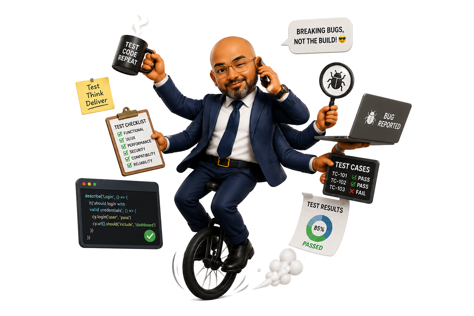 Amiet Lalkoe — QA Engineer mascot juggling test artifacts on a unicycle